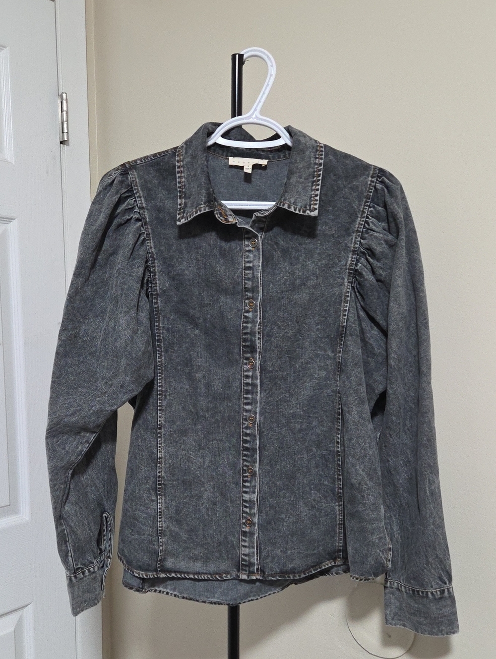 Promesa 100% Cotton Washed Black Puff-Sleeve Denim Button-Down Shirt
